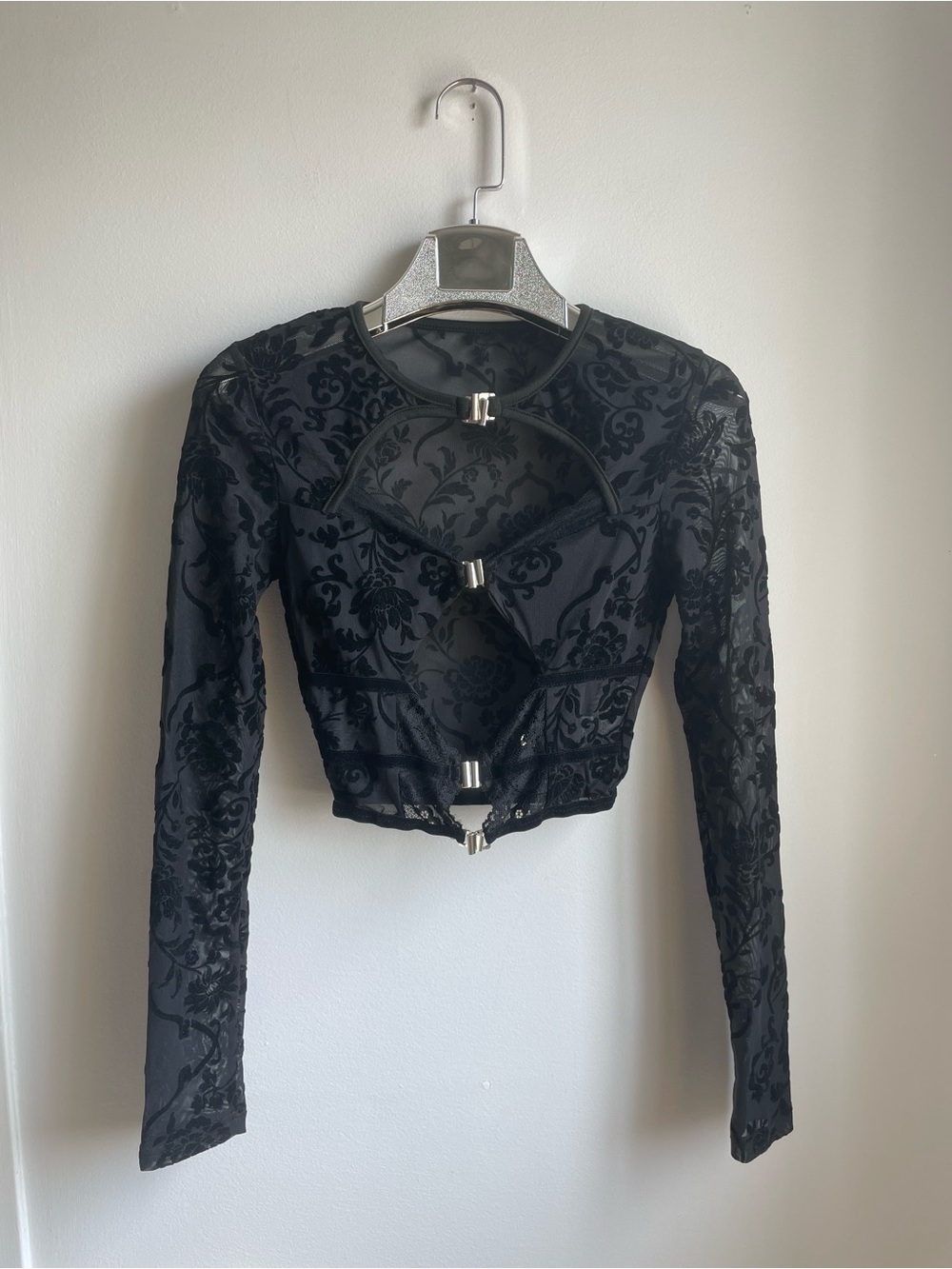 Black Floral Burnout Mesh Long Sleeve Crop Top front clasps-Whimsigoth-Steampunk